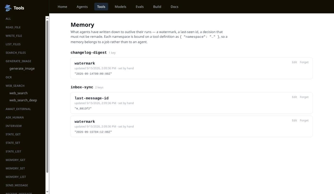 The memory page showing namespaced durable keys with their values and when they were last written