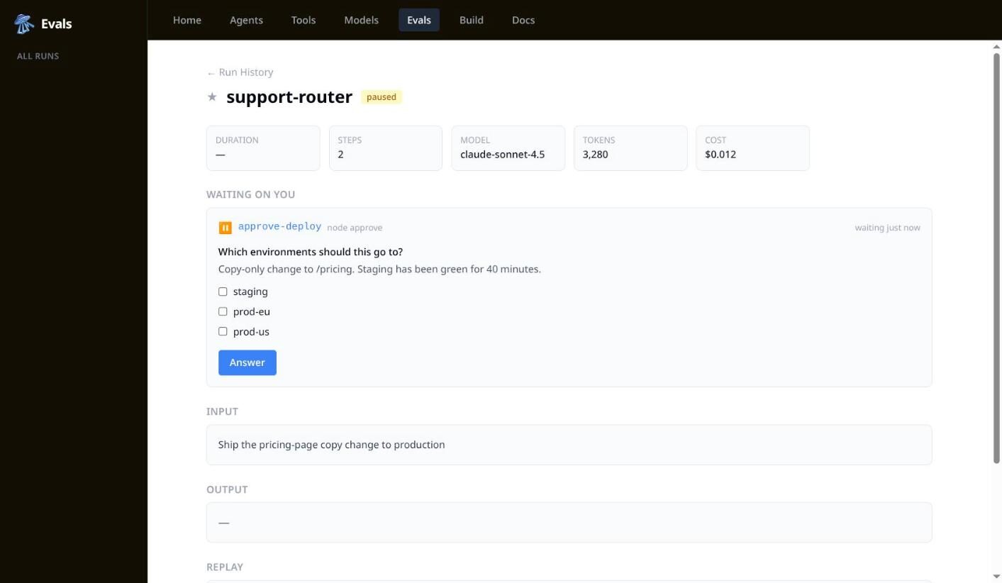 A paused run showing a 'waiting on you' panel with a question and checkboxes for staging, prod-eu and prod-us
