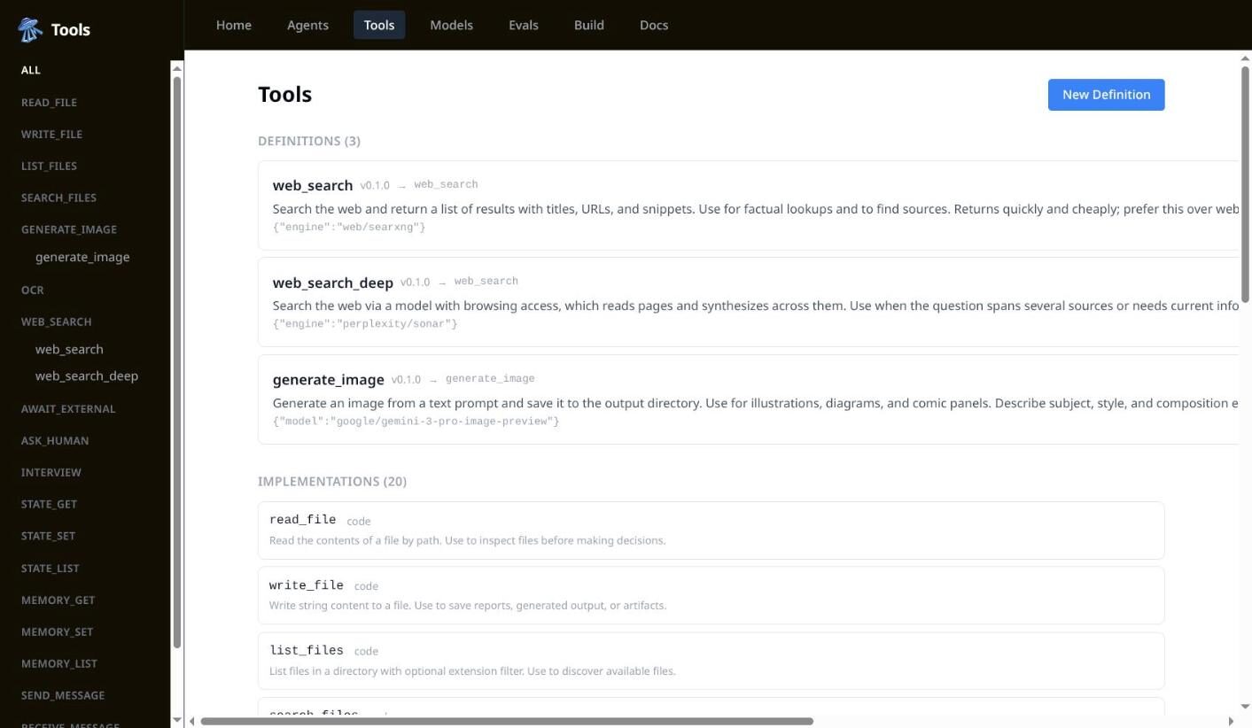 The tools page listing versioned tool definitions above the code implementations they point at